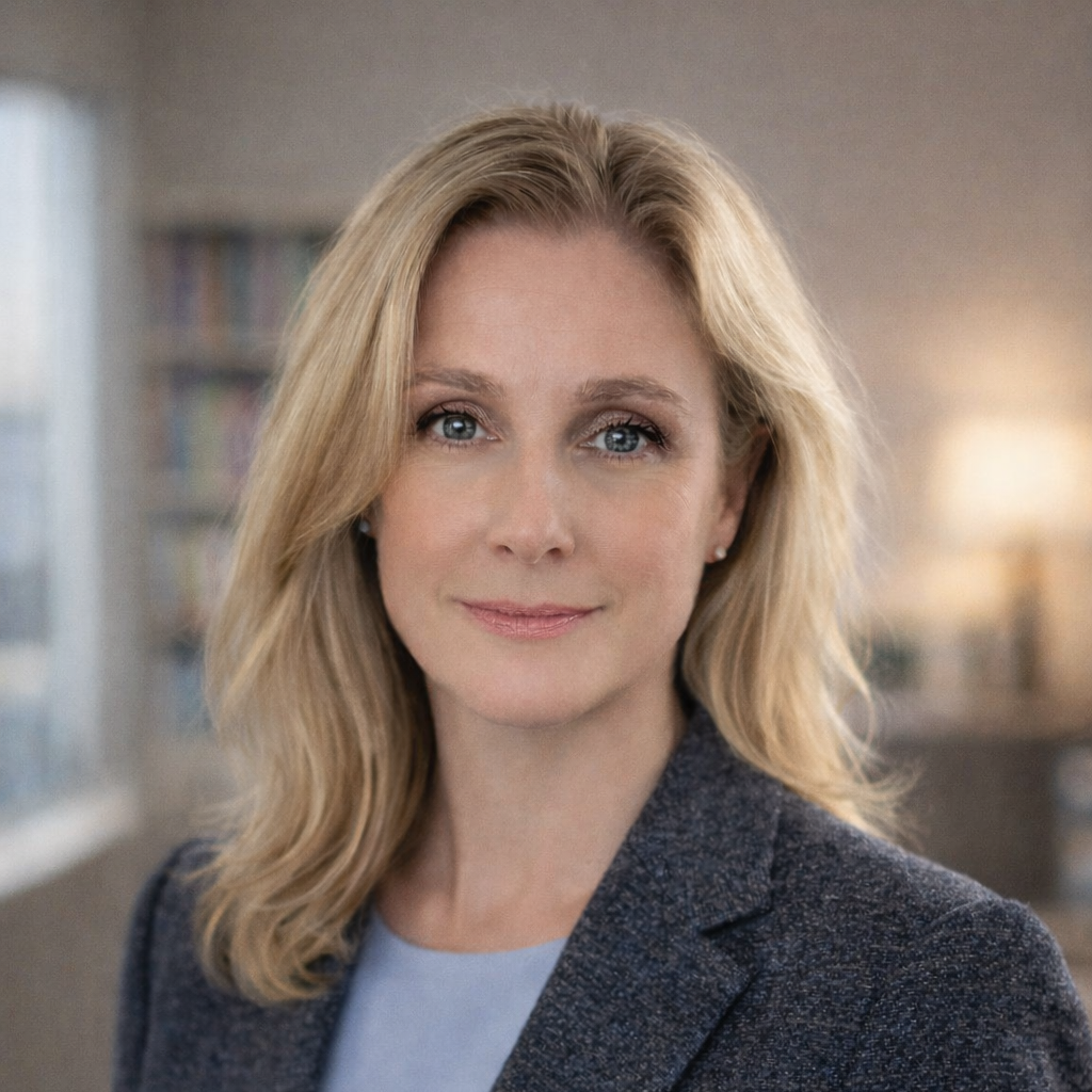 A professional headshot of a woman with long, wavy blonde hair and blue eyes, wearing a gray blazer.
