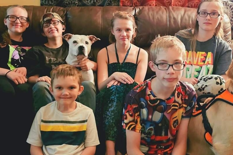 A family of six Insight PA students is posing on their couch with two dogs.