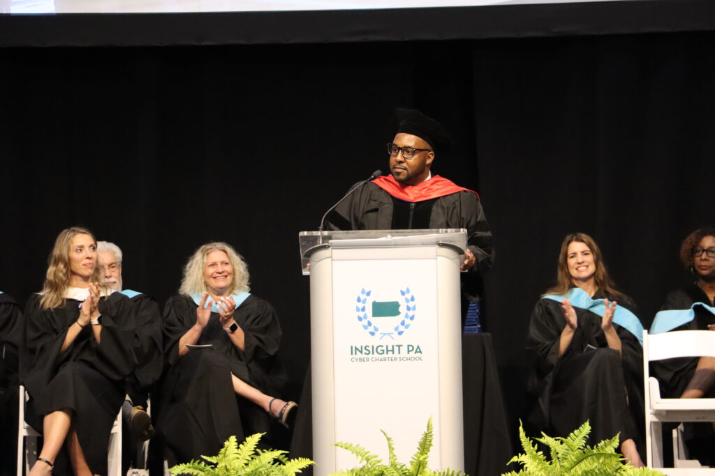 Keynote speaker Dr. Jalaal Hayes speaks at the Insight PA’s graduation ceremony in Millersville, PA.